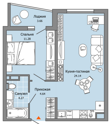 46 м², 2-комн. квартира, 3/9 этаж