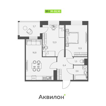 55,1 м², 2-комн. квартира, 7/12 этаж