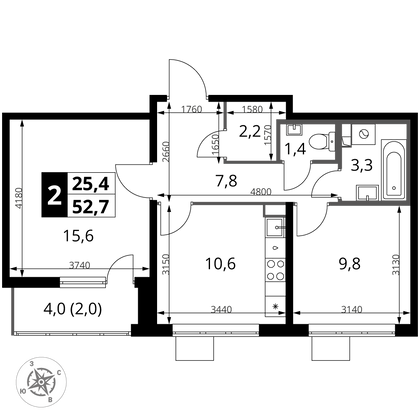 52,7 м², 2-комн. квартира, 17/25 этаж