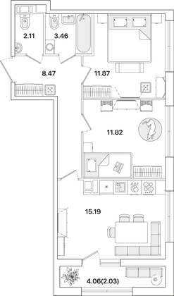 55 м², 2-комн. квартира, 7/12 этаж