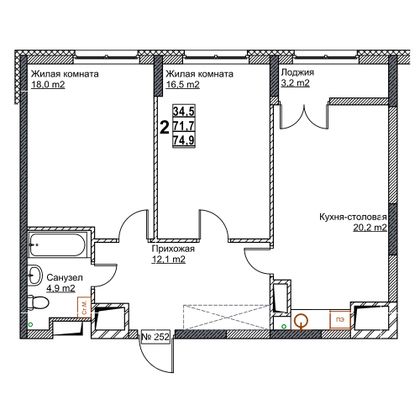 Продажа 2-комнатной квартиры 74,9 м², 15/24 этаж