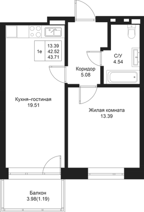 43,7 м², 1-комн. квартира, 2/5 этаж