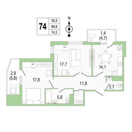 Продажа 2-комнатной квартиры 74,2 м², 4/8 этаж