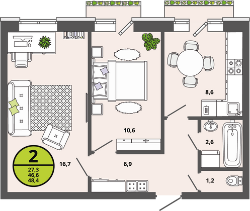 Продажа 2-комнатной квартиры 46,6 м², 3/3 этаж