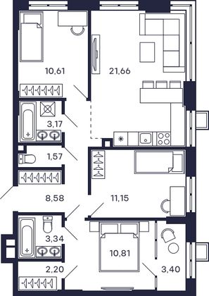 76,5 м², 3-комн. квартира, 2/28 этаж