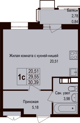 Продажа квартиры-студии 30,4 м², 3/6 этаж