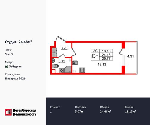 Продажа квартиры-студии 24,5 м², 5/5 этаж