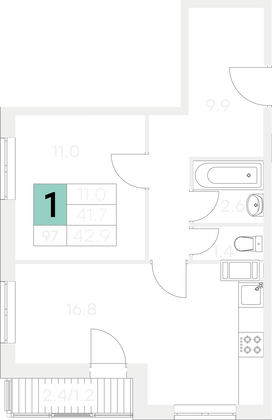 Продажа 1-комнатной квартиры 42,9 м², 9/9 этаж