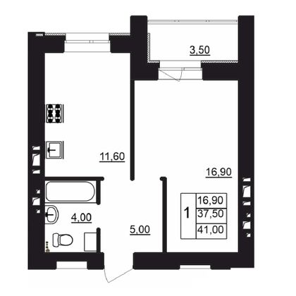 41 м², 1-комн. квартира, 1/12 этаж