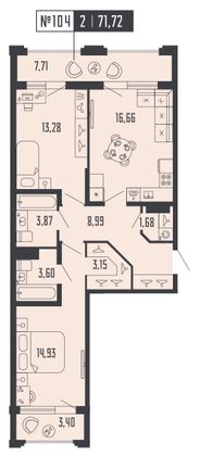 71,7 м², 2-комн. квартира, 5/24 этаж