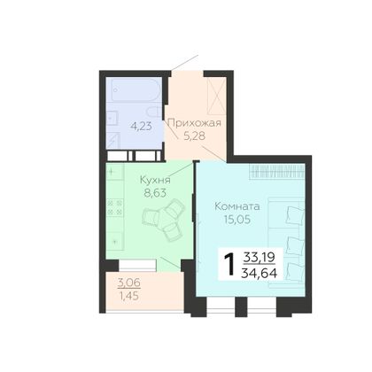 Продажа 1-комнатной квартиры 34,6 м², 10/21 этаж