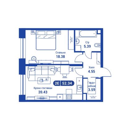 52,3 м², 2-комн. квартира, 2/24 этаж