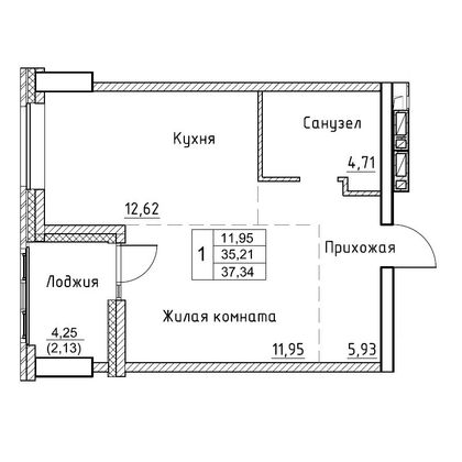 37,3 м², 1-комн. квартира, 13/17 этаж