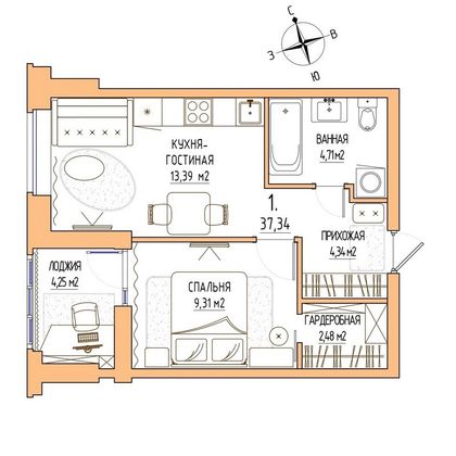 Продажа 1-комнатной квартиры 37,3 м², 2/17 этаж