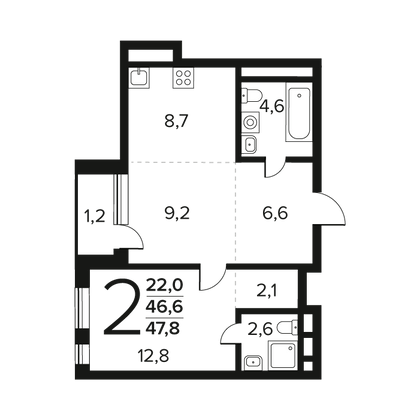 Продажа 2-комнатной квартиры 47,8 м², 2/12 этаж
