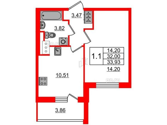 Продажа 1-комнатной квартиры 32 м², 11/17 этаж