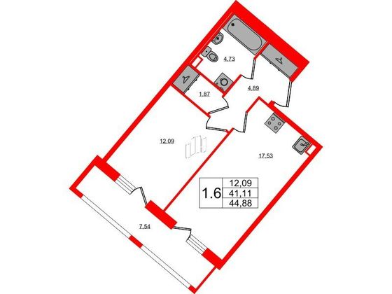 Продажа 1-комнатной квартиры 41,1 м², 1/4 этаж