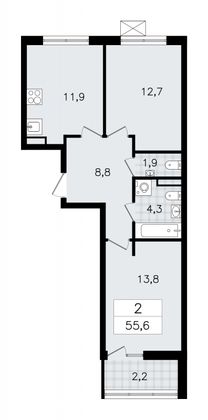 55,6 м², 2-комн. квартира, 4/12 этаж