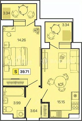 Продажа 1-комнатной квартиры 39,7 м², 8/9 этаж