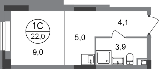 22 м², студия, 1/20 этаж