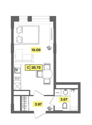 Продажа квартиры-студии 26,7 м², 3 этаж
