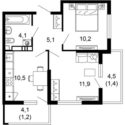 44,4 м², 2-комн. квартира, 15/17 этаж