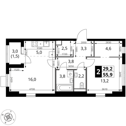 55,9 м², 2-комн. квартира, 13/18 этаж