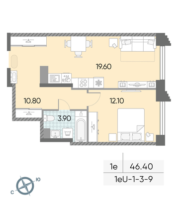 Продажа 1-комнатной квартиры 46,4 м², 6/58 этаж