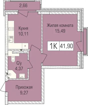 42,3 м², 1-комн. квартира, 7/9 этаж