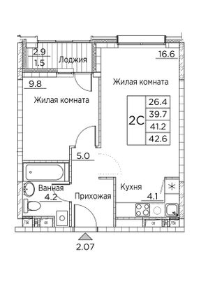 42,6 м², 2-комн. квартира, 3/21 этаж