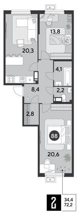 Продажа 2-комнатной квартиры 72,2 м², 10/16 этаж