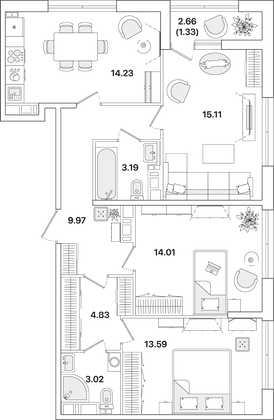 79,3 м², 3-комн. квартира, 12/12 этаж