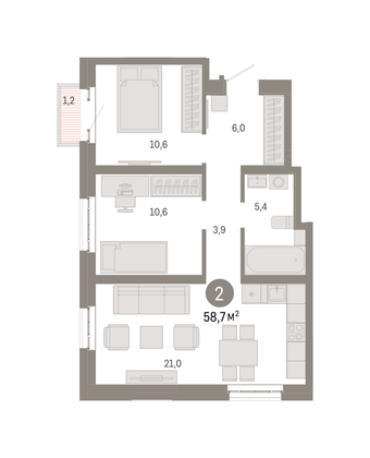 Продажа 2-комнатной квартиры 58,7 м², 12/31 этаж
