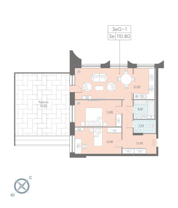 110,8 м², 2-комн. квартира, 2/12 этаж