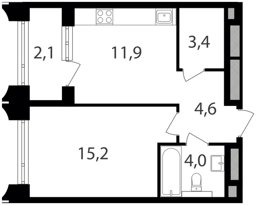 41,2 м², 1-комн. квартира, 12/25 этаж