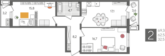 Продажа 2-комнатной квартиры 69,3 м², 2/24 этаж