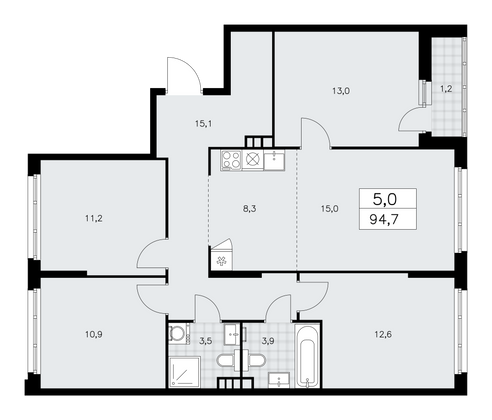 94,7 м², 5-комн. квартира, 6/14 этаж