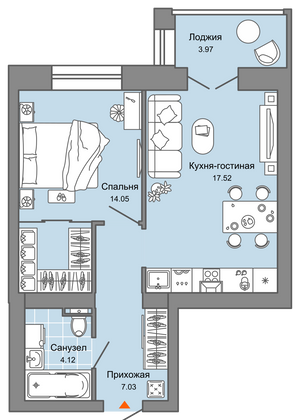 45 м², 2-комн. квартира, 4/6 этаж