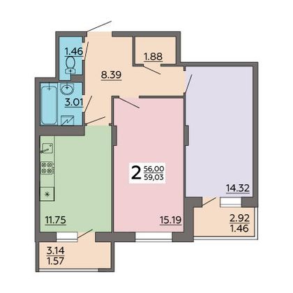 Продажа 2-комнатной квартиры 59 м², 9/18 этаж