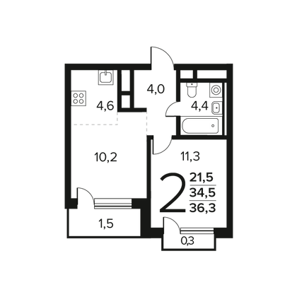 36,3 м², 2-комн. квартира, 3/14 этаж