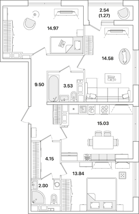 79,7 м², 3-комн. квартира, 12/12 этаж