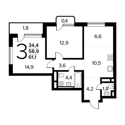 61,1 м², 3-комн. квартира, 5/14 этаж