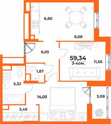 Продажа 3-комнатной квартиры 59,3 м², 1/10 этаж