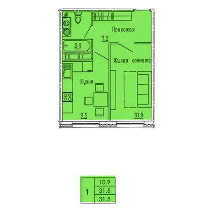 31,5 м², 1-комн. квартира, 14/18 этаж