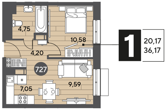 Продажа 1-комнатной квартиры 36,2 м², 5/12 этаж