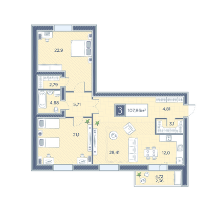 Продажа 3-комнатной квартиры 107,9 м², 2/14 этаж