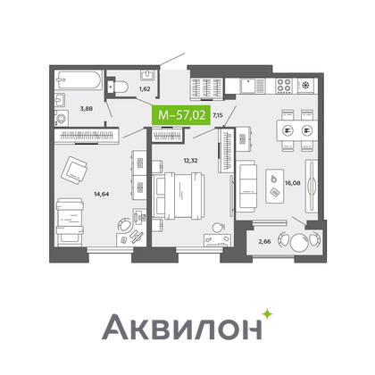 57 м², 2-комн. квартира, 13/16 этаж