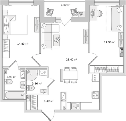 69,5 м², 2-комн. квартира, 2/16 этаж