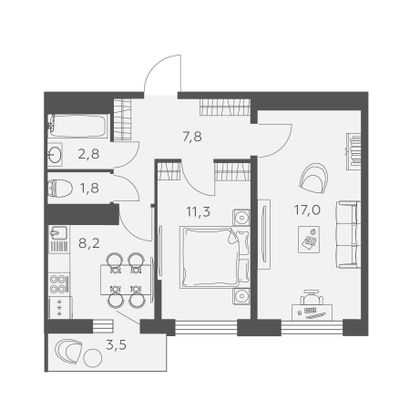 50 м², 2-комн. квартира, 24/24 этаж