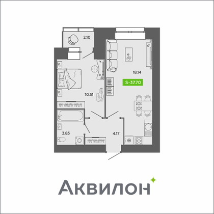 37,7 м², 1-комн. квартира, 10/11 этаж